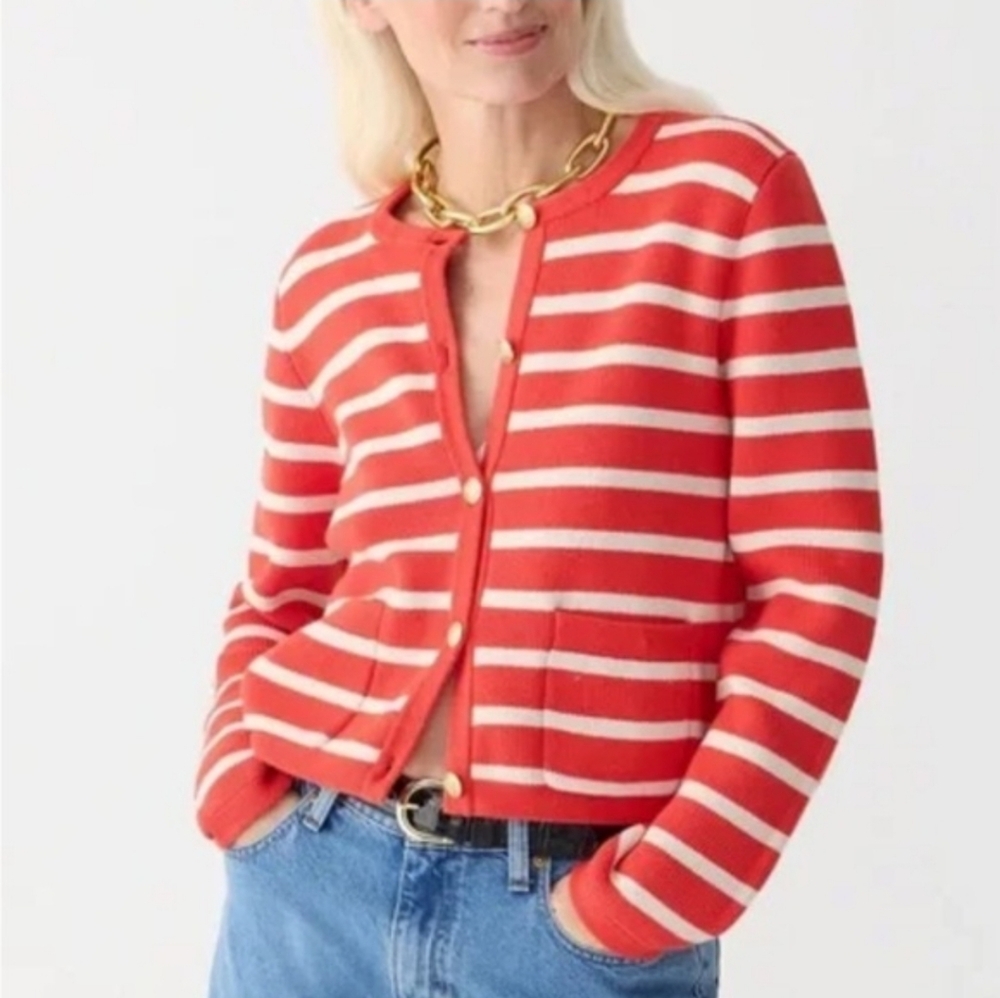 J. Crew sweater lady jacket Red and Cream Striped Cardigan Small - Picture 2 of 5